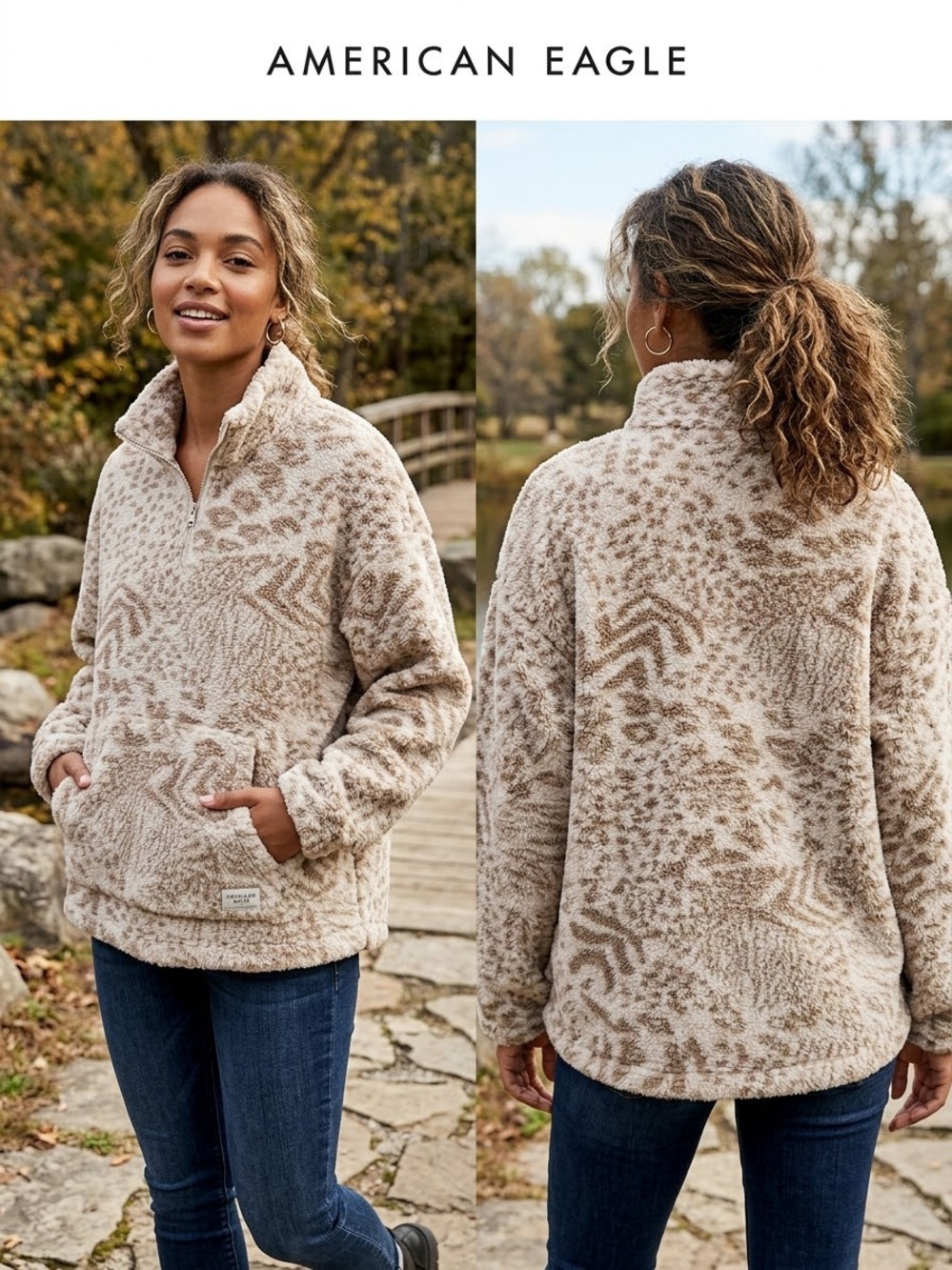 American Eagle Outfitters Cream/Brown Patterned Fall Preppy Sherpa Pullover SZ M